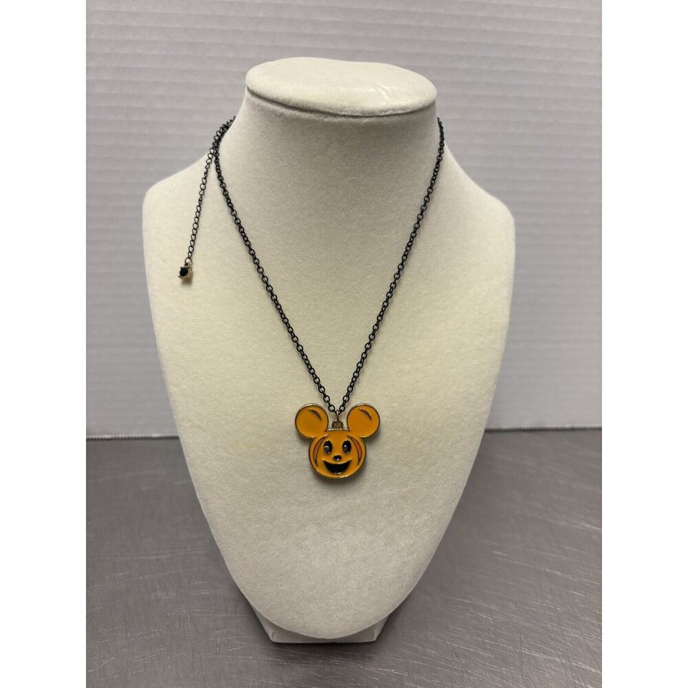 Mickey Mouse Pumpkin Halloween Necklace Disney Orange Pendant Goldtone Black 19"